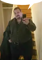 a man taking a selfie with a speech bubble behind him