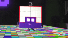 a cartoon character from the number blocks is standing on a colorful tiled floor .
