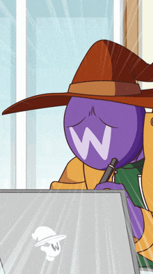 a cartoon character wearing a witch hat with the letter w on it
