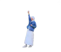 a woman wearing a hijab and a denim jacket holds up her hand