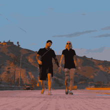 a man and a woman are walking down a street in a video game