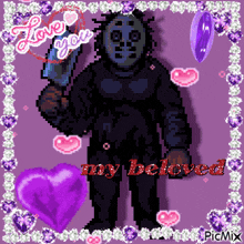 a pixel art of a gorilla holding a knife with the words love you my beloved on it