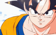a close up of a cartoon character with a blue and orange shirt