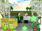 a sign that says good afternoon with two frogs on it