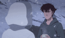 a man in a hoodie is holding a cup in front of a ghost