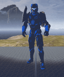 a man in a blue and black armor is standing on a tiled floor