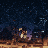a robot is standing on the roof of a building under a starry night sky