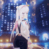 a girl with white hair and overalls is standing in front of a blue background