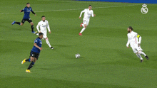 a group of soccer players are playing on a field .