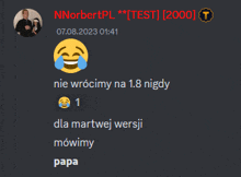 a screenshot of a chat with a smiley face and the name nnorbertpl
