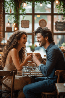 a man and woman are sitting at a table drinking coffee and laughing
