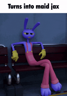a cartoon character is sitting on a bench with the words turns into maid jax above him