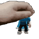 a pixel art of a hand holding a small toy man .