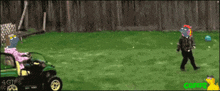 a lawn mower is being used to mow a lawn with a cartoon character in it