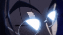 a close up of a person wearing glasses with glowing blue eyes