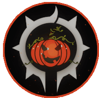 a pumpkin with a face on it is in a circle with a white star