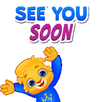 a cartoon character says " see you soon " with his arms up