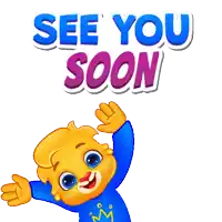 a cartoon character says " see you soon " with his arms up