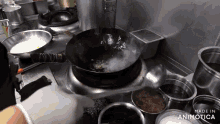a person is cooking in a wok in a kitchen with the words made in animotica on the bottom