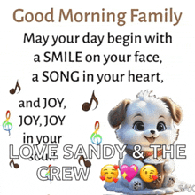 a picture of a dog with a good morning family message