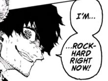 a black and white drawing of a man saying `` i 'm ... rock-hard right now '' .