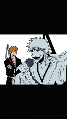 two anime characters are standing next to each other and one is holding a sword