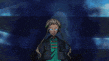 a cartoon character with blue eyes and a black jacket