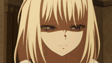 a close up of a blonde haired anime character