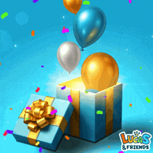a blue gift box with balloons coming out of it and the words lucas & friends below it