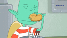 a cartoon character is holding a donut and the word ew is on his shirt