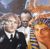 a man with a big head is standing next to a priest and a king
