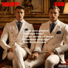 two men in suits and ties are sitting on a couch with the words goodnight friend written below them
