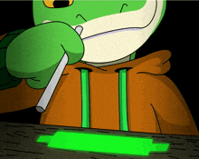 a cartoon of a frog wearing an orange hoodie is holding a green object
