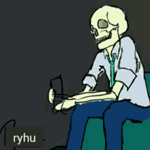 a cartoon of a person sitting on a couch looking at a cell phone