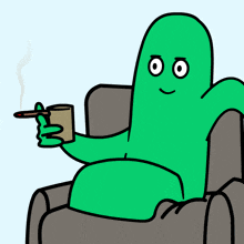 a green cartoon character is sitting in a chair holding a cup of coffee and a cigar