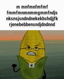 a cartoon corn on the cob with glasses and an apple tag