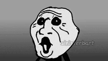 a black and white drawing of a cartoon character with a surprised face .