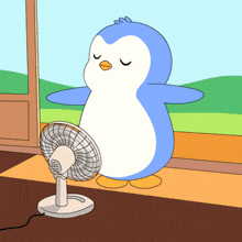 a cartoon penguin is standing next to a fan
