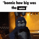 bonnie the bunny from five nights at freddy 's is standing in a room with a yellow wall .