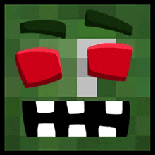 a cartoon face with red eyes and white teeth on a green background
