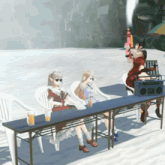 three anime characters sit at a table with a boombox