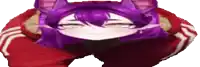 a girl with purple hair is wearing a cat hat and a red jacket