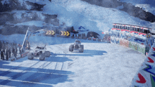 two monster trucks are racing on a snowy track sponsored by coca cola