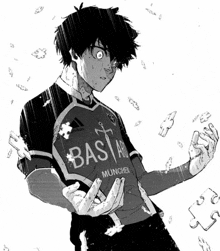 a black and white drawing of a boy wearing a basta munchen jersey