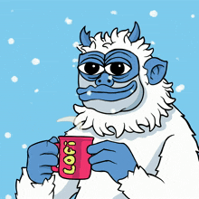 a cartoon drawing of a yeti holding a cup of logi