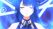 a close up of a girl 's face with a blue background