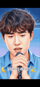 a young man singing into a microphone with the words moon star behind him