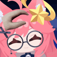 a cartoon girl with pink hair and glasses has a star on her head