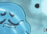 a close up of a cartoon character 's face in the water