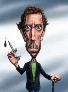 a caricature of a man holding a syringe with blood dripping from it